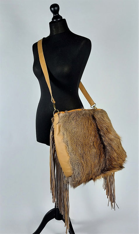 Blond oversized deer hide shoulder bag cross over bag Woshoush Galerie Trading