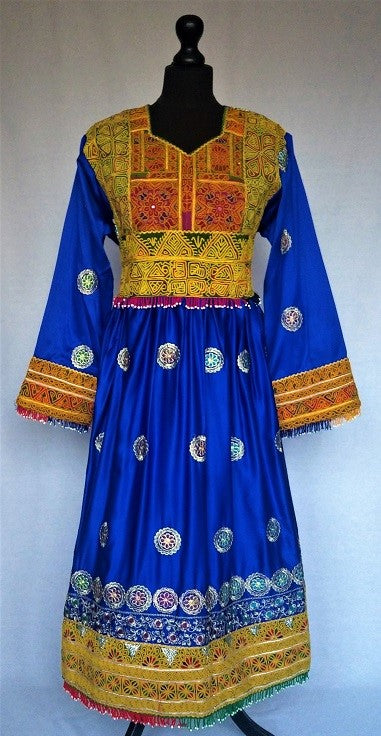 Royal blue Afghan fashion dress in soft satin-like fabric with antique and floral embroidery