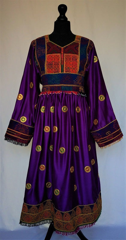 Deep purple Afghan fashion dress in soft satin-like fabric with antiqu –  Woshoush Galerie & Trading