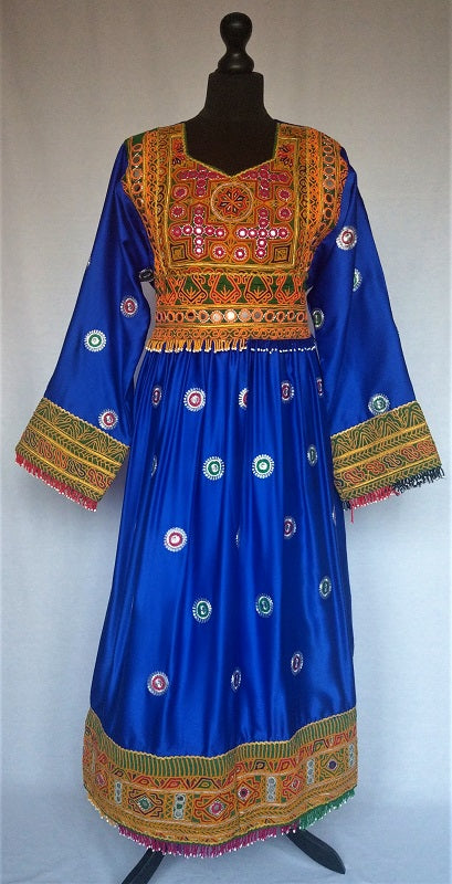 Royal blue Afghan fashion dress in soft satin-like fabric with antique –  Woshoush Galerie & Trading
