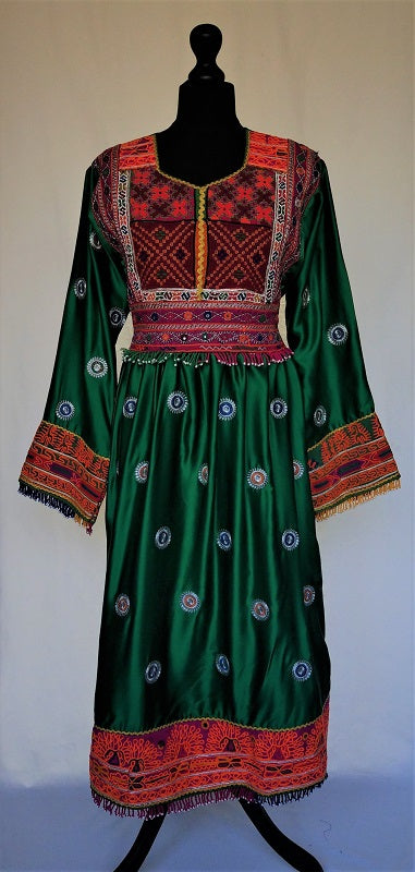 Jolly green Afghan fashion dress in soft satin-like fabric with antiqu –  Woshoush Galerie & Trading