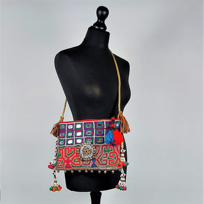 Large embroidered black leather bag, Banjara tote bag, boho leather purse,  Kuchi leather bag, boho tote bag, ethnic leather bag, tribal bag