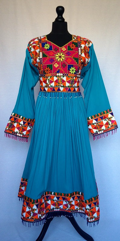 Azure Afghan fashion dress in fine cotton with colourful embroidery & trousers and shawl set