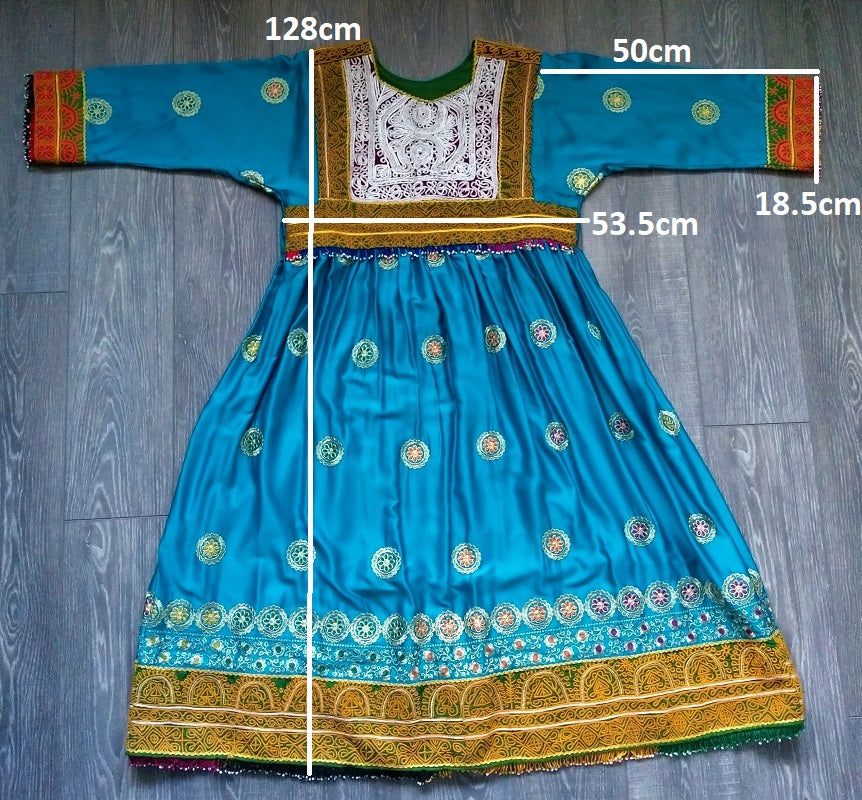 Azure blue Afghan fashion dress in soft satin-like fabric with antique –  Woshoush Galerie & Trading