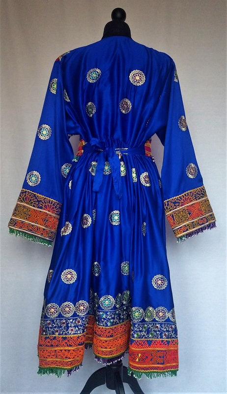 Royal blue Afghan fashion dress in soft satin-like fabric with antique –  Woshoush Galerie & Trading