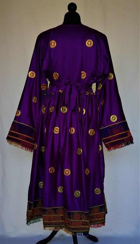 Deep purple Afghan fashion dress in soft satin-like fabric with antiqu –  Woshoush Galerie & Trading