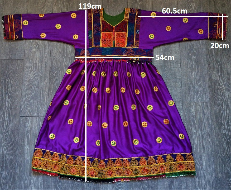 Deep purple Afghan fashion dress in soft satin-like fabric with antiqu –  Woshoush Galerie & Trading