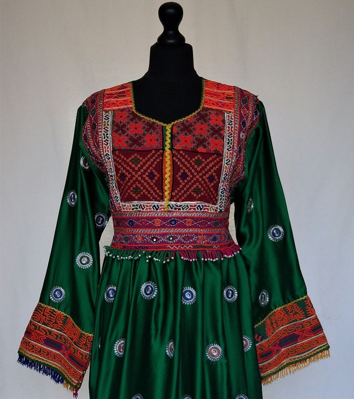 Jolly green Afghan fashion dress in soft satin-like fabric with antiqu Woshoush Galerie & Trading Jolly green Afghan fashion dress in soft satin-like fabric with antiqu Woshoush Galerie & Trading