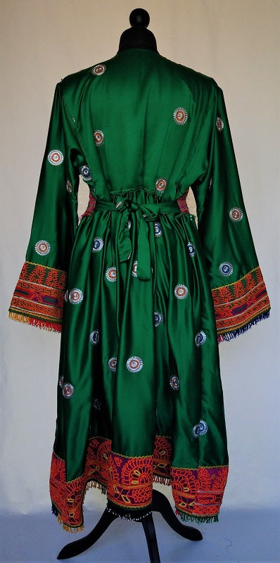 Jolly green Afghan fashion dress in soft satin-like fabric with antique embroidery