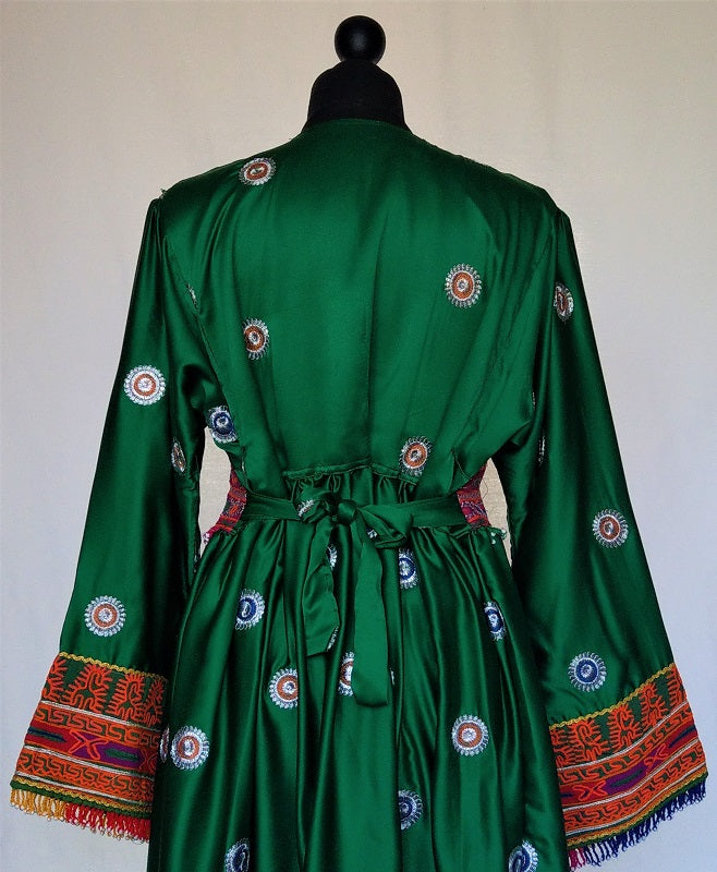 Jolly green Afghan fashion dress in soft satin-like fabric with antiqu –  Woshoush Galerie & Trading