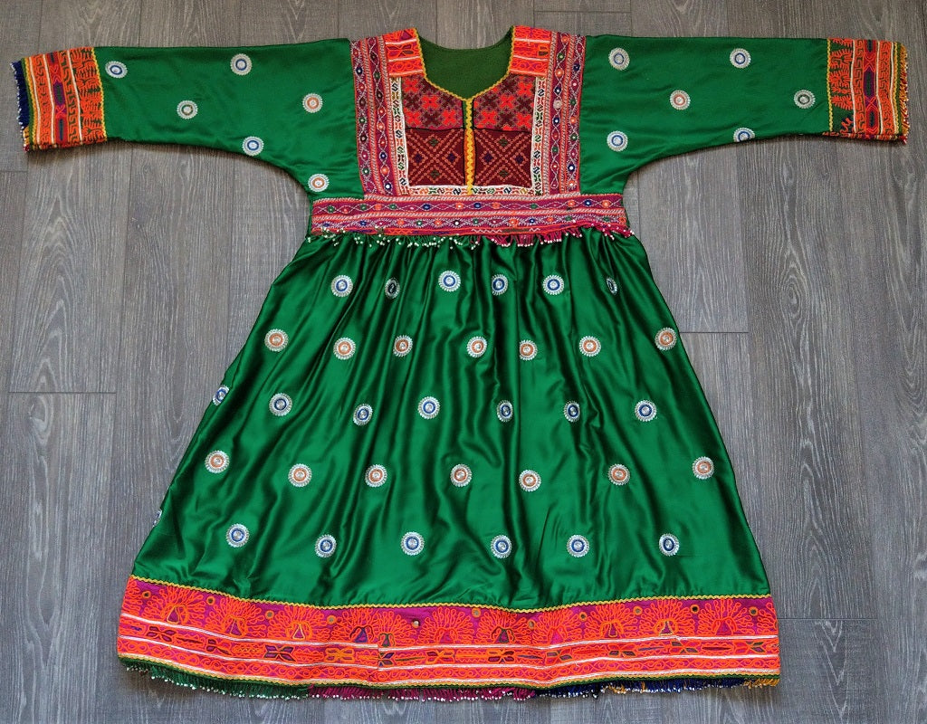 Jolly green Afghan fashion dress in soft satin-like fabric with antiqu –  Woshoush Galerie & Trading